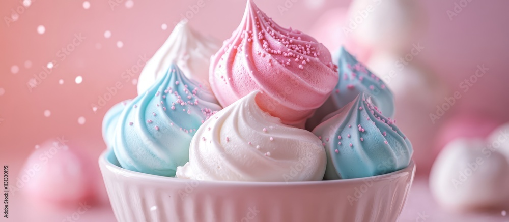Poster pastel colored meringue cookies in a decorative bowl with a soft blurred background for a sweet aest