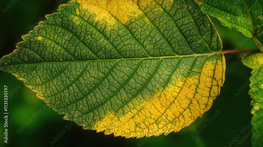 Poster Detailed macro shot of green and yellow patterned leaves showcasing intricate textures in a lush garden setting for background use