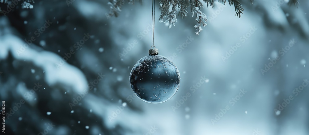 Poster christmas ornament hanging on a snowy tree with soft winter lighting creating a serene festive atmos