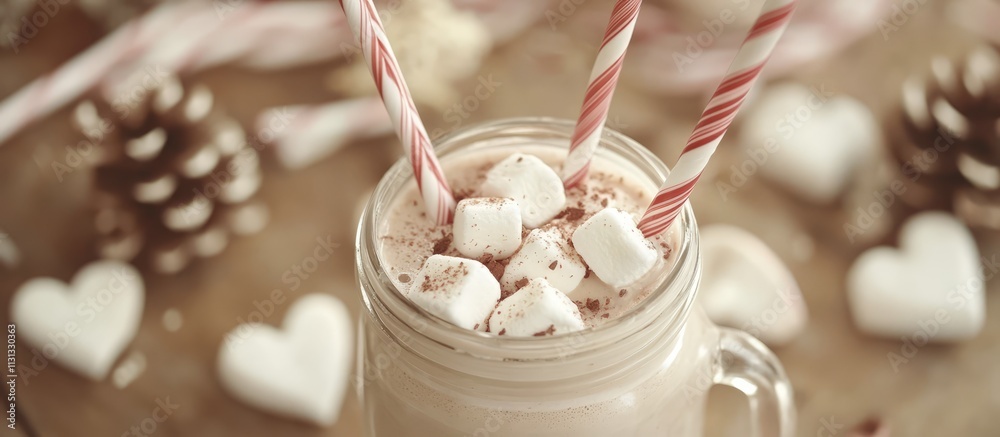 Poster Cozy winter cocoa with marshmallows and candy cane straws in a jar surrounded by festive decor and hearts on a wooden table close up