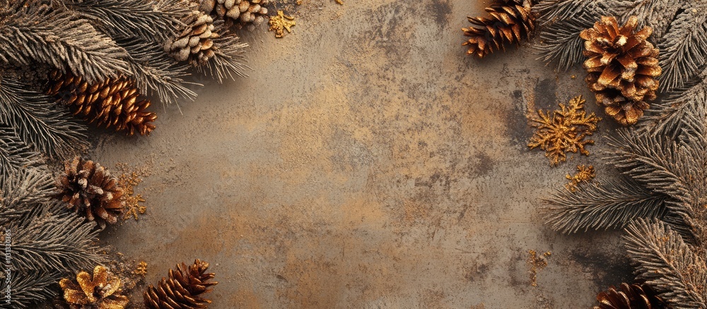 Poster festive flat lay backdrop with fir tree branches and golden cones on a textured wooden surface perfe