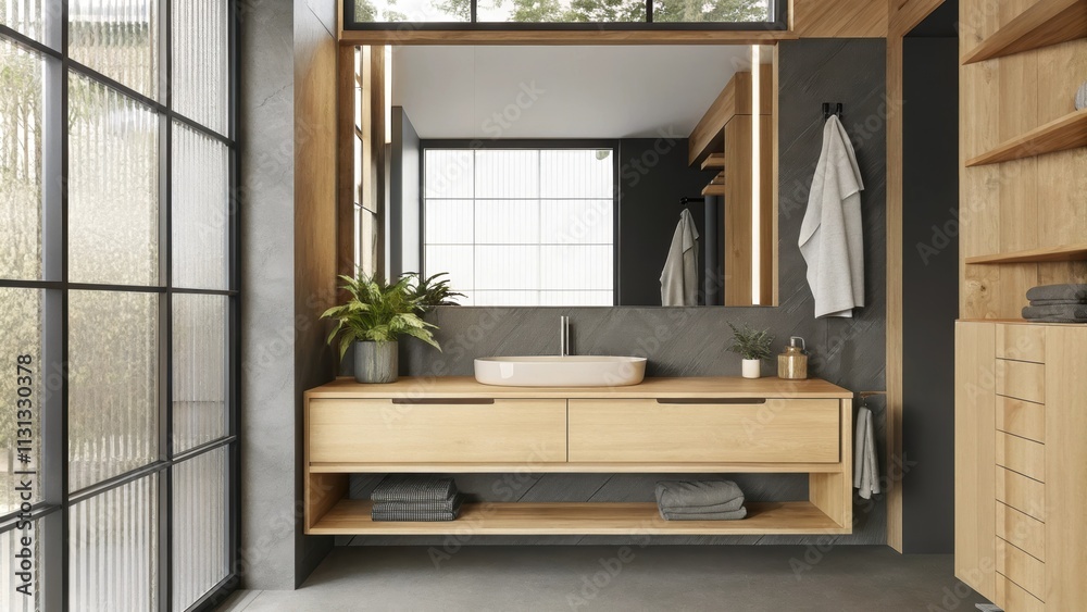 Poster a minimalist bathroom showcasing a sleek steel vanity with a wooden countertop and basin. natural li