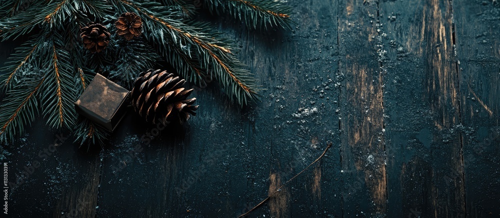 Poster rustic festive backdrop featuring pine tree branches cones and a gift box on dark wooden surface per