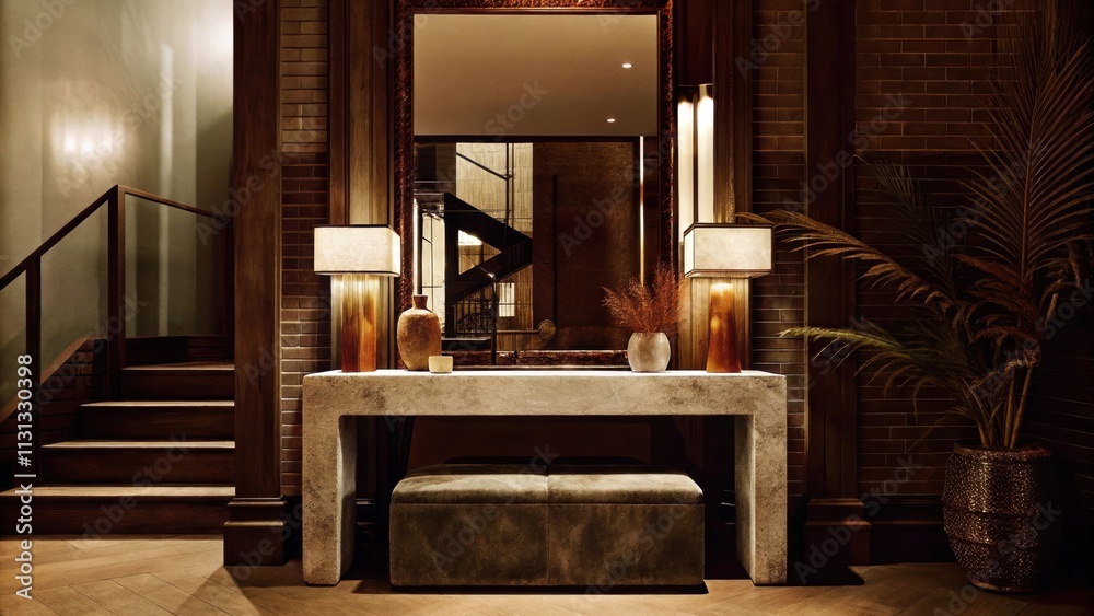 Poster A chic entryway with a concrete console table displaying earthy dÃ©cor pieces a large mirror with a wooden frame and a bench upholstered in natural fabrics all framed by a backdrop