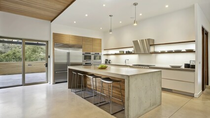 A large open kitchen with stainless steel appliances butcher block countertops and open shelving displaying chic dishware complemented by high stools at a concrete island that