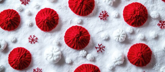 Red knitted caps and fluffy snowflakes on white fabric surface festive concept for holiday gifts celebrations and seasonal commerce