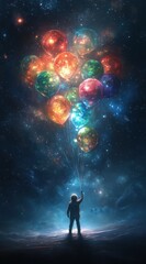 Naklejka premium Surreal artwork depicting a lone astronaut holding cosmic balloons against a starry backdrop. A dreamlike journey into the vastness of space.