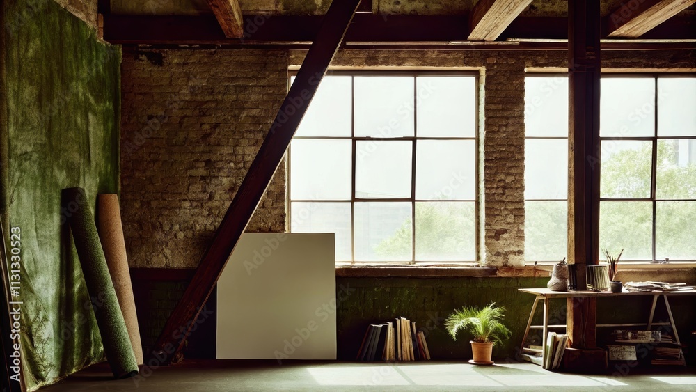 Poster An artistic studio space featuring an open layout where large windows flood the room with natural light highlighting the textured brick walls and weathered wooden beams that add