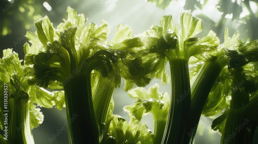 Aufkleber Close up view of fresh green celery stalks illuminated by soft light showcasing texture and vibrant color in a natural setting