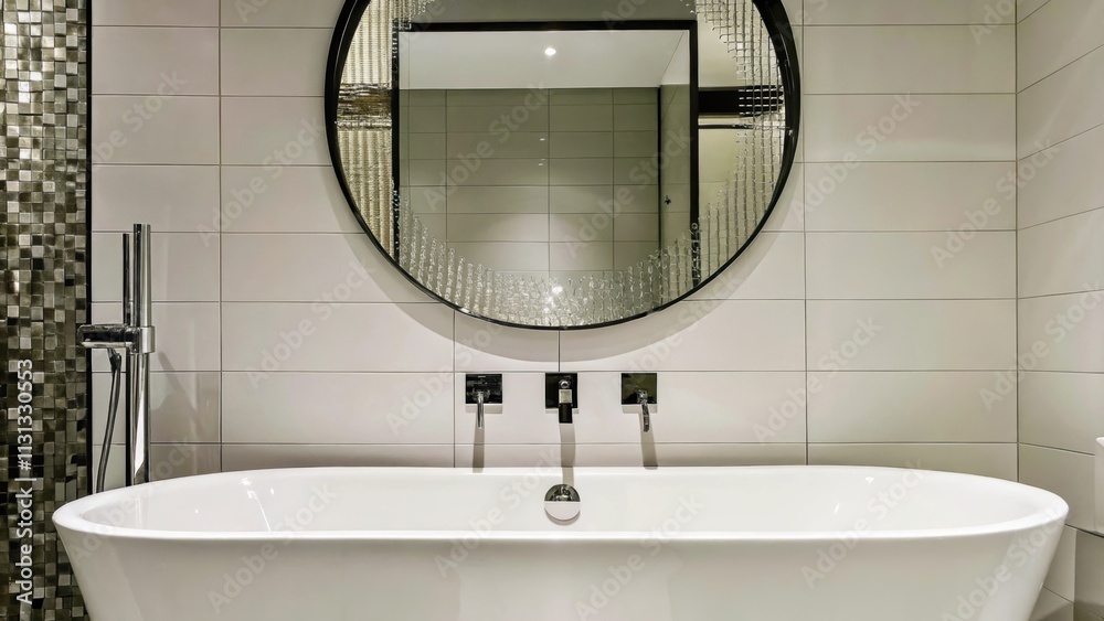 Poster A modern bathroom featuring a deep soaking tub surrounded by shiny metal fixtures with a wallmounted mirror that reflects an intricate metallic mosaic enhancing the minimalist