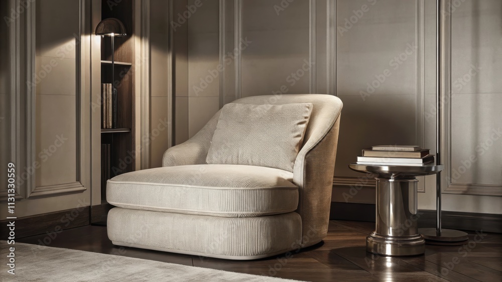 Poster a cozy reading nook equipped with a low armchair upholstered in soft beige alongside a metallic side