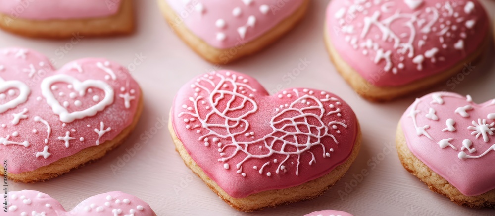 Poster handmade pink heart shaped cookies with intricate designs arranged on a soft light background perfec