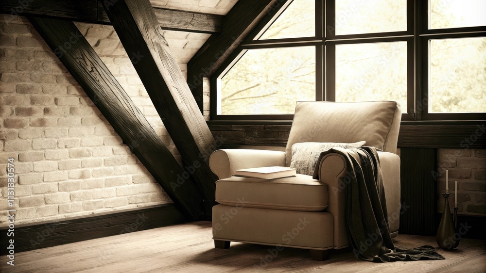 Poster A relaxed reading nook with a comfortable armchair positioned next to a window surrounded by striking exposed brick and dark wooden beams creating a peaceful retreat filled with