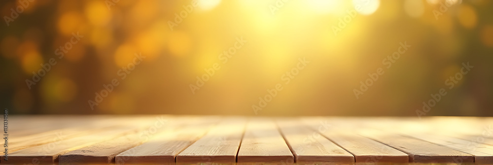 Aufkleber A minimalist wooden table top with a blurred golden bokeh background suitable for various product display and visual layouts._00001_