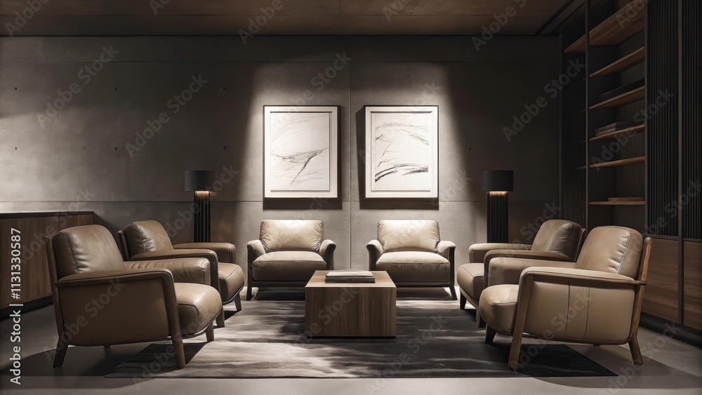 Poster A relaxed lounge with a blend of leather and fabric armchairs arranged around a low wooden coffee table. The setting includes a concrete feature wall and a large abstract rug that