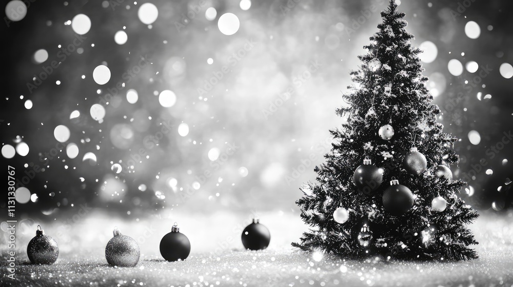 Fototapete black and white christmas tree with decorations and glittering lights in a vignette style creating a