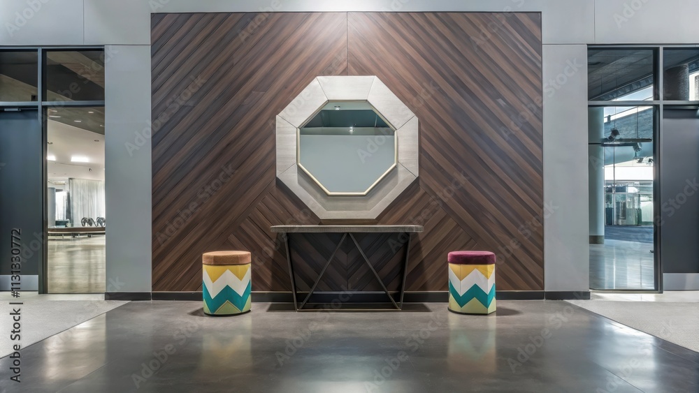 Poster A spacious entryway is accented by a console table with a layered geometric design and a mirror shaped like an octagon. Colorful geometric stools provide seating against a backdrop
