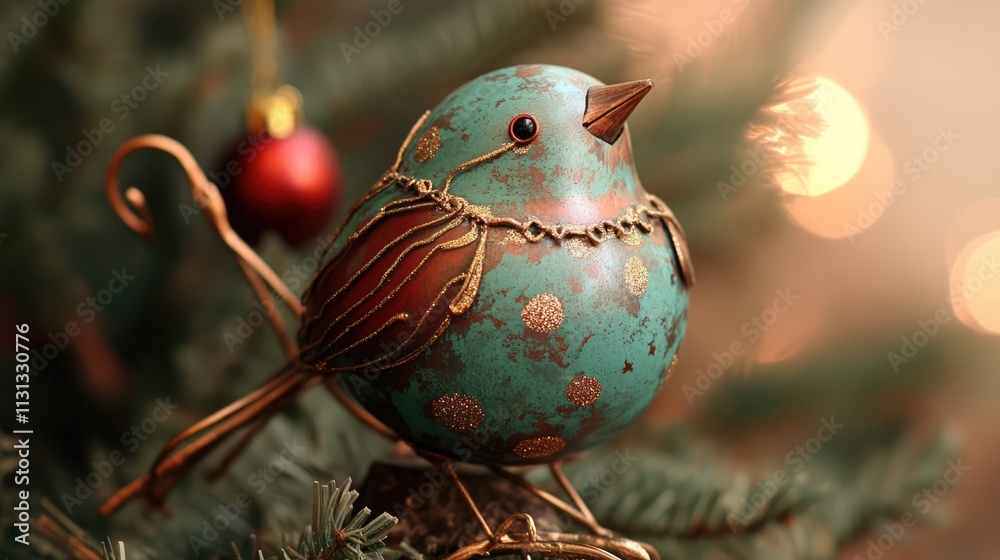 Poster Vintage Christmas ornament bird decoration in festive setting with warm bokeh background and decorative elements on a green tree.
