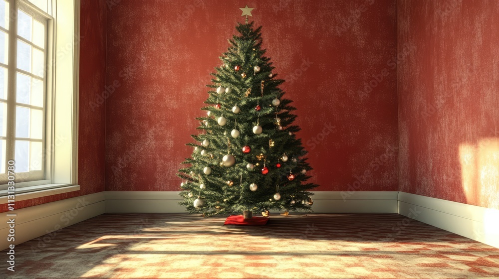 Aufkleber festive christmas tree adorned with ornaments in a cozy room with warm red walls and sunlight stream