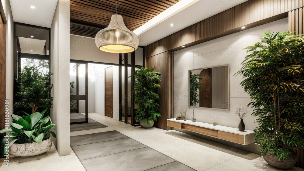 Poster The entryway features an impressive doubleheight ceiling highlighted by an oversized sculptural pendant light hanging above a sleek bench and a minimalist console table adorned
