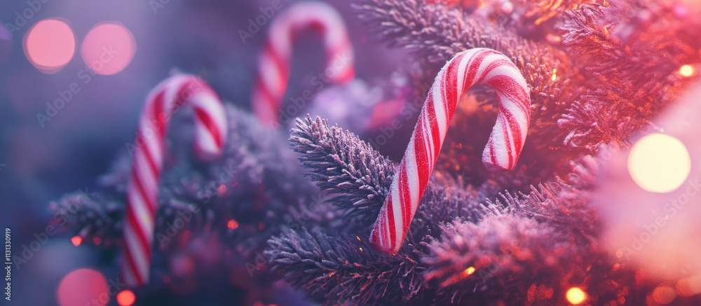 Poster Colorful candy canes hanging on a Christmas tree with soft bokeh lights creating a festive and cheerful holiday atmosphere.