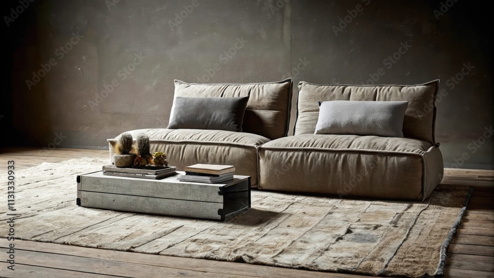 Poster A relaxed lounge area with a lowprofile sectional sofa covered in worn fabric surrounded by floor cushions and a large vintage rug. An industrialstyle coffee table sits in the