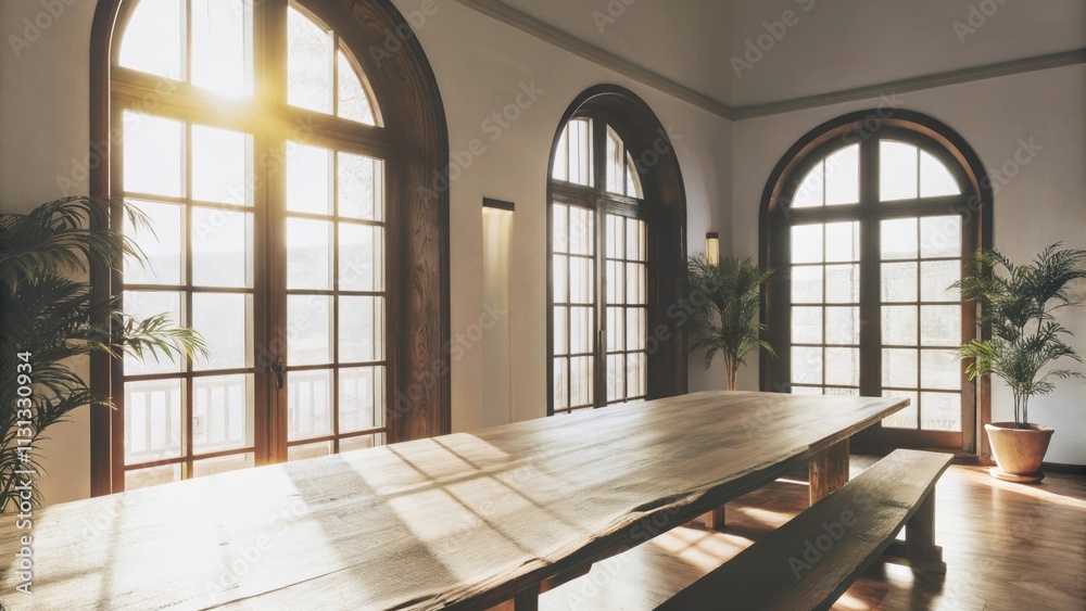 Aufkleber An elegant dining room with a long rustic wooden table illuminated by sunlight streaming through wide arching windows creating a bright atmosphere that pairs perfectly with potted