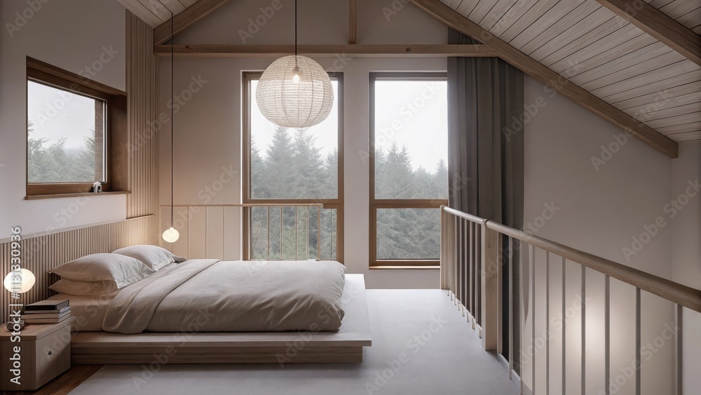 Poster a tranquil bedroom on the mezzanine level featuring a low platform bed with a neutral duvet a minima