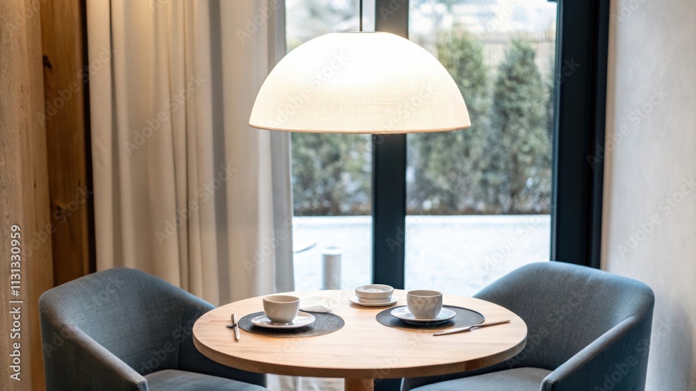 Poster An intimate dining area with a round wooden table set for two featuring elegant minimalistic tableware. A soft oversized pendant light hangs above casting warmth over the space