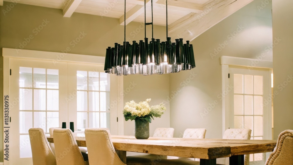 Poster a dining area with a rustic wooden table surrounded by mismatched chairs complemented by a statement