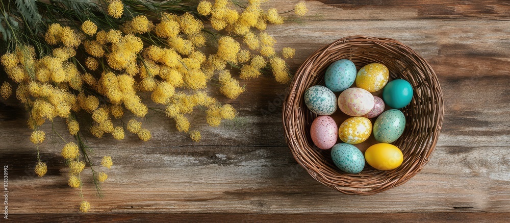 Poster colorful easter eggs in a woven basket with mimosa flowers on rustic wooden table high angle view wi