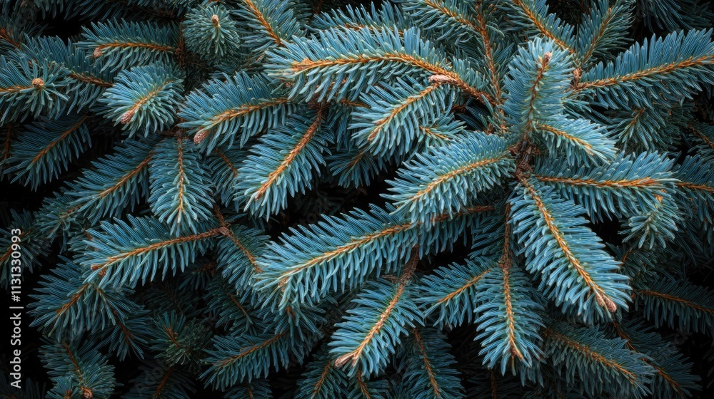 Poster Close-up view of evergreen Christmas tree branches with rich green needles creating a festive background for holiday themes.
