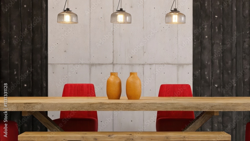 Poster a minimalist dining room features a long reclaimed wood table set against a backdrop of aged gray co