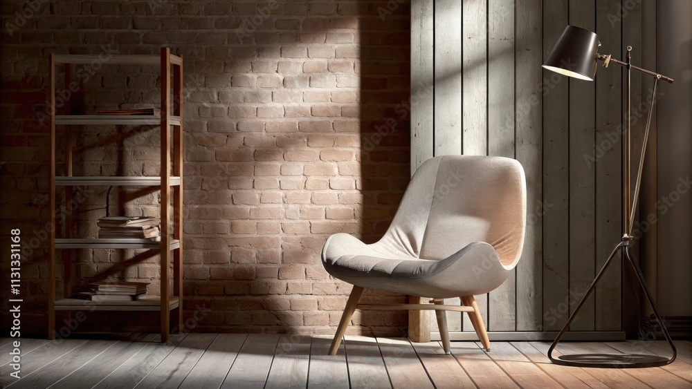 Poster An intimate reading nook with a plush organic fabric armchair positioned against a wall of reclaimed bricks. A small sustainable wood bookshelf holds an array of books next to a
