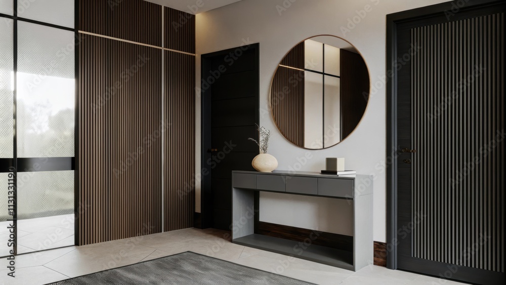 Poster A stylish entryway with taupe wall panels and a grey console table topped with a simple beige vase. A rounded mirror reflects the soft tones creating an inviting atmosphere.