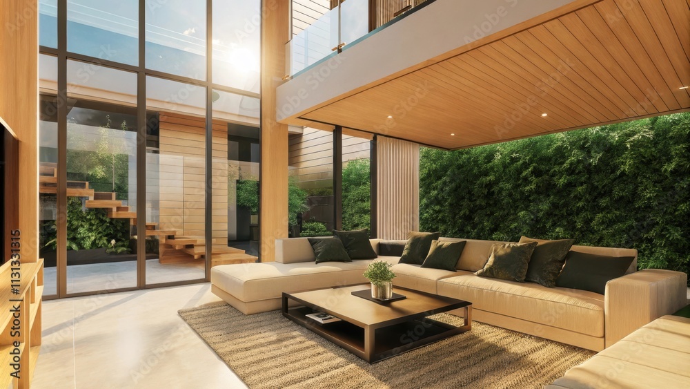 Poster an airy living room with a large sectional couch facing a sleek coffee table complemented by a textu