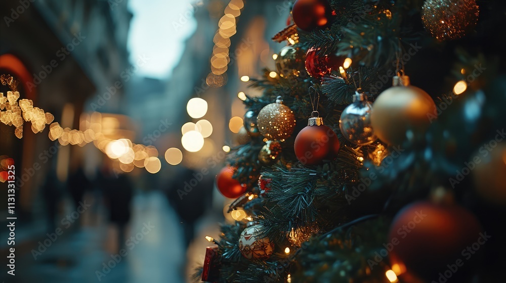 Aufkleber close up of a beautifully decorated christmas tree with ornaments and lights in a festive street set