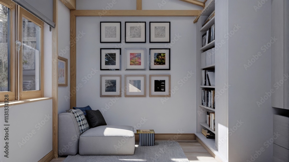 Poster an artistic corner featuring a small gallery wall of unique prints surrounded by a serene seating ar