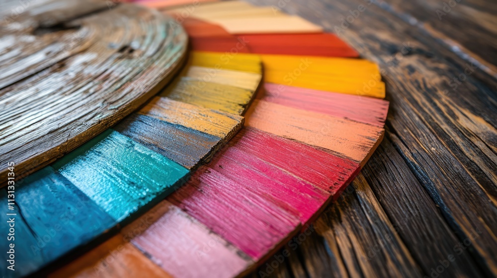 Poster Vibrant color palette displayed on a rustic wooden table showcasing texture and hues for creative design inspiration.