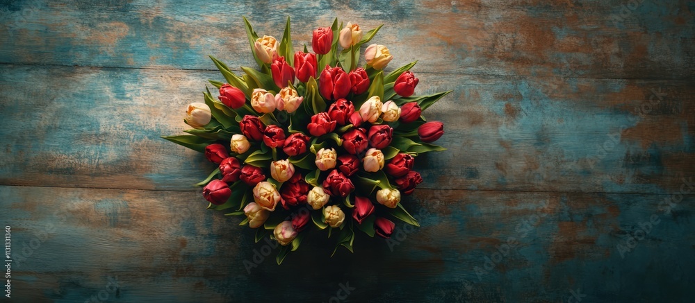 Poster colorful bouquet of tulip flowers arranged on a rustic wooden table with an aerial view and negative
