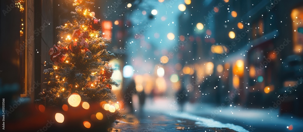 Poster christmas tree with colorful bokeh lights and softly falling snow in a festive urban setting during 