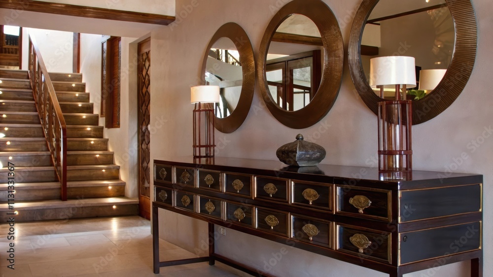 Poster a contemporary entryway offers a black console table with intricate brass hardware. decorative brass