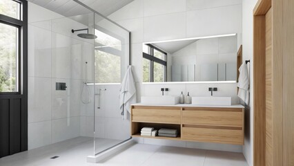 A bright open bathroom featuring a glass shower with sleek fixtures a floating vanity with a vessel sink and minimalist storage solutions for ries and towels.