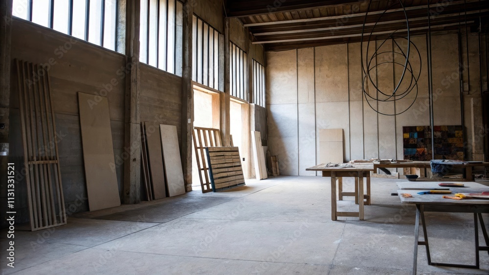 Poster an artistic studio flooded with natural light with walls lined in raw plywood and a polished concret