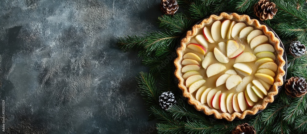 Poster Nutritious apple pie with fresh ingredients on stone backdrop surrounded by evergreen foliage and pine cones for festive baking inspiration