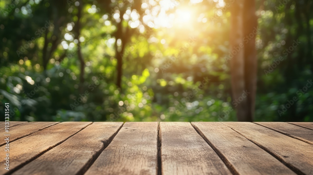 Poster close up of wooden table surface in a sunlit forest setting with blurred greenery in the background 