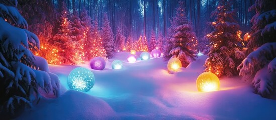 Obraz premium Enchanting winter forest illuminated by colorful glowing orbs and Christmas lights amidst fresh snow at night