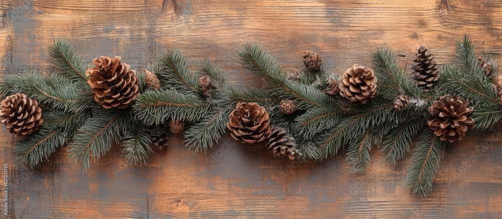 Poster Wooden backdrop adorned with fir branches and pine cones creating a rustic Christmas atmosphere perfect for festive decor and photography