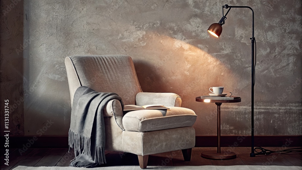 Aufkleber a cozy reading nook is created in a corner with a plush beige armchair and a soft throw blanket. an 