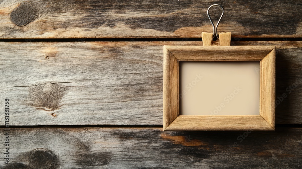 Aufkleber vintage wooden background featuring a clothes peg and an empty photo frame ideal for creative design